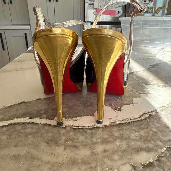 Christian Louboutin Black and Gold Peep-Toe Heels - Picture 3 of 5
